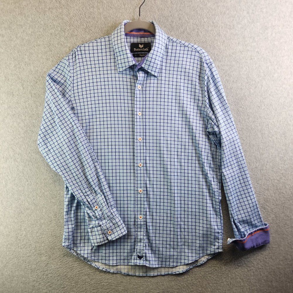 Butter Cloth Shirt Mens Large Blue Grid Check Flip Cuff Regular Fit Lightweight - Picture 16 of 16
